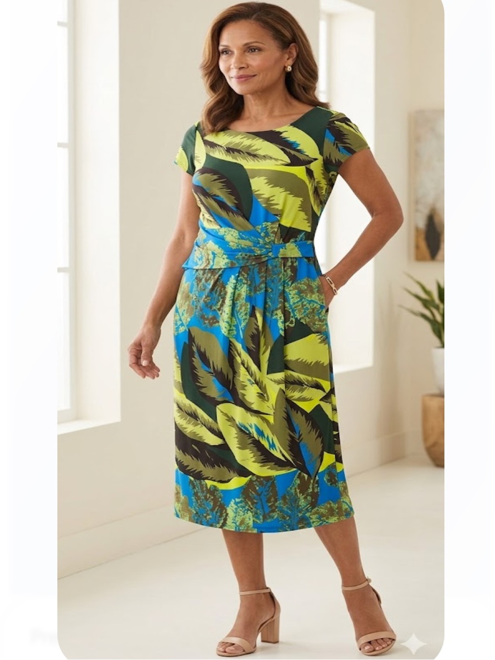 Ellen Tracy Blue and Lime Leaf-Print Midi Dress